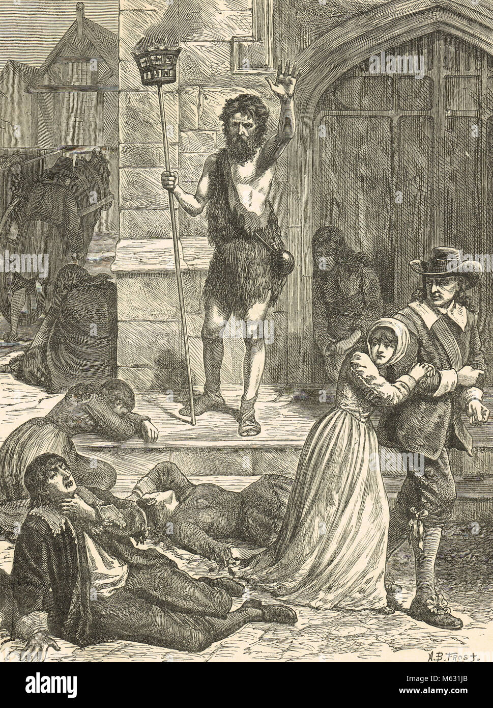 Die Große Pest von 1665, der Enthusiast, London. Ein Maniac predigen zu den Toten und Sterbenden auf der Straße während der großen Pest von London Stockfoto