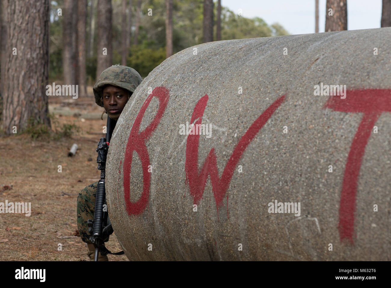 Us Marine Corps Rct. Alaylicia Stover mit platoon 4008, Papa, 4 Recruit Training Bataillon, Beiträge Sicherheit am Tag Bewegung Kurs während der Krieger Ausbildung bei Paige Feld auf Marine Corps Depot rekrutieren, Parris Island, S.C., 7. Februar 2018. Basic Krieger Training ist entworfen, um die Bedeutung der Teamarbeit zu lehren, arbeiten unter Stress und wie gut durchzuführen und dabei die kleine Einheit Führung. (U.S. Marine Corps Stockfoto