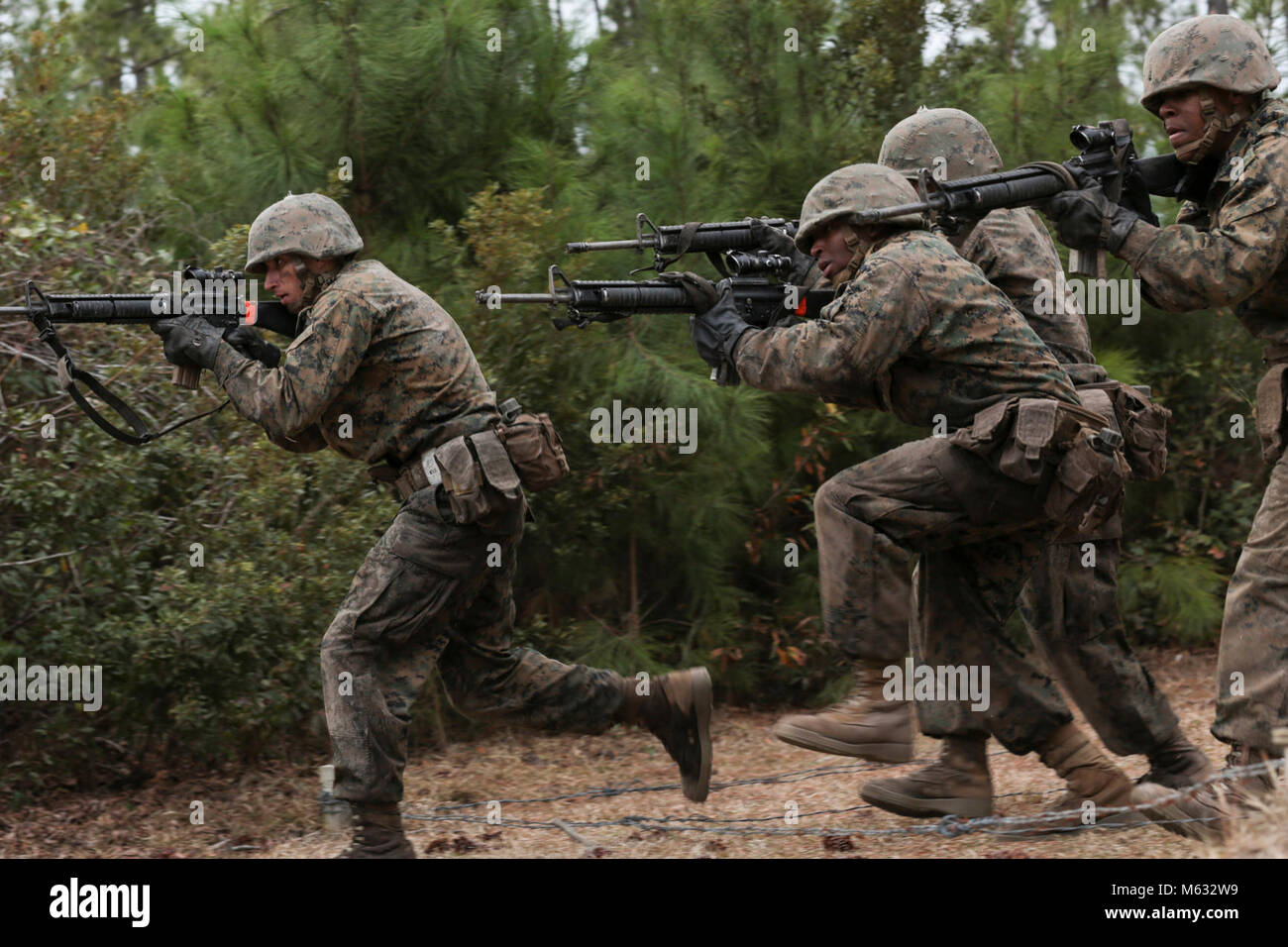 Us Marine Corps Rekruten mit Mike Unternehmen, 3.BATAILLON, rekrutieren Training Regiment, Patrouillen am Tag Bewegung Kurs während der Krieger Ausbildung bei Paige Feld auf Marine Corps Depot rekrutieren, Parris Island, S.C., 7. Februar 2018. Basic Krieger Training ist entworfen, um die Bedeutung der Teamarbeit zu lehren, arbeiten unter Stress und wie gut durchzuführen und dabei die kleine Einheit Führung. (U.S. Marine Corps Stockfoto