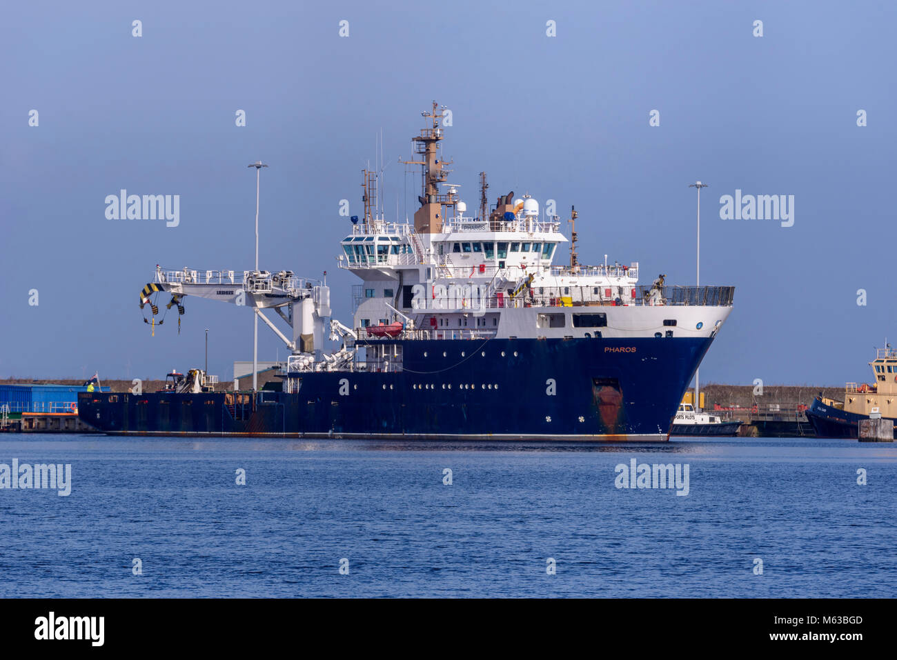 Trinity House Schiff Pharos in Leith Docks Edinburgh. Stockfoto