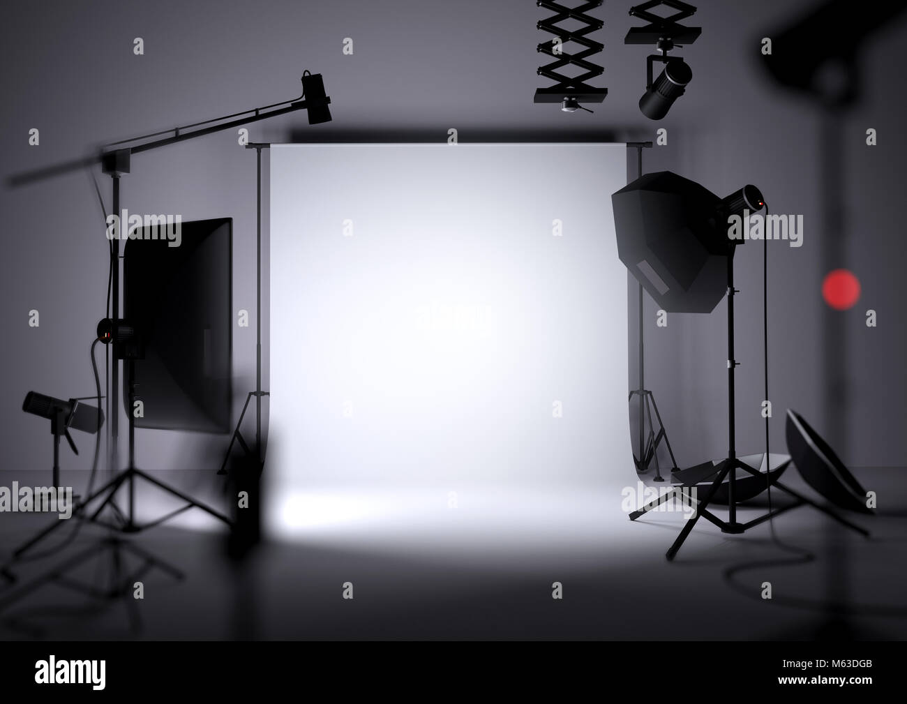 Eine leere Photo Studio Hintergrund mit Fotografie Beleuchtungseinrichtungen, 3D-Darstellung Stockfoto