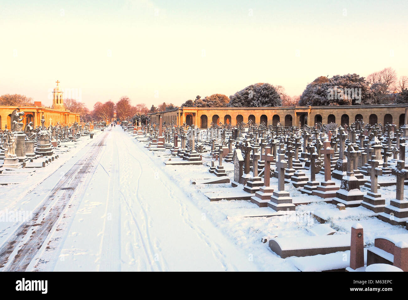 London, Großbritannien. 28 Feb, 2018. UK Wetter: Central London bedeckt war im Schnee als das kalte Wetter vor in South East England. Brompton Friedhof © Brian Minkoff/Alamy Leben Nachrichten fegte Stockfoto