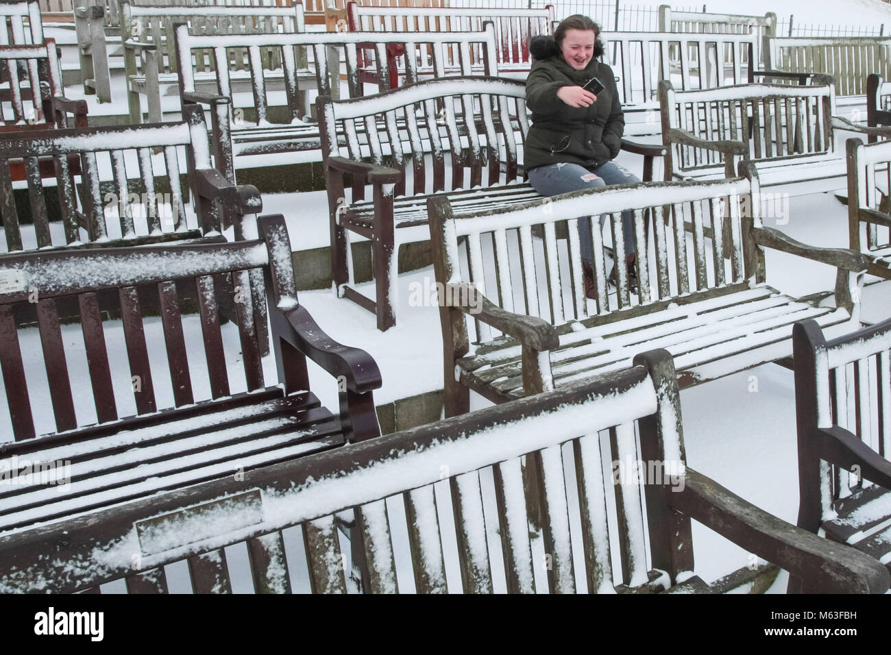 Bänke an Nevsehir Northumberland, Großbritannien im Winter Stockfoto