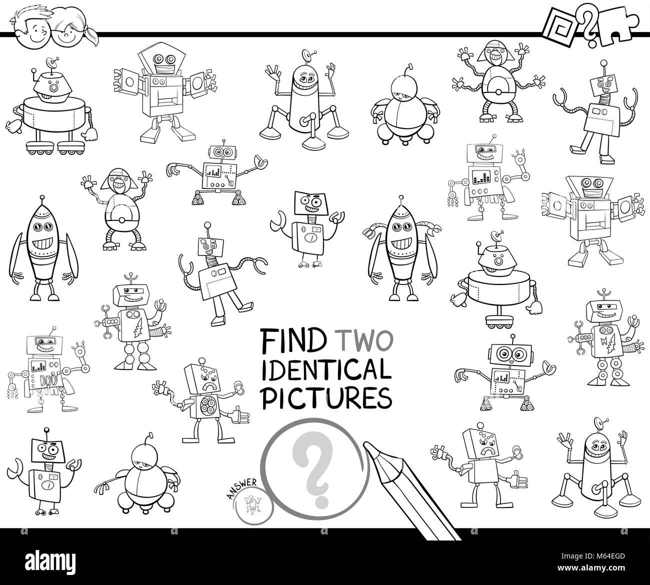 Schwarze und Weiße Cartoon Illustration, zwei identische Bilder pädagogische Tätigkeit Spiel für Kinder mit Roboter Zeichen Malbuch Stock Vektor