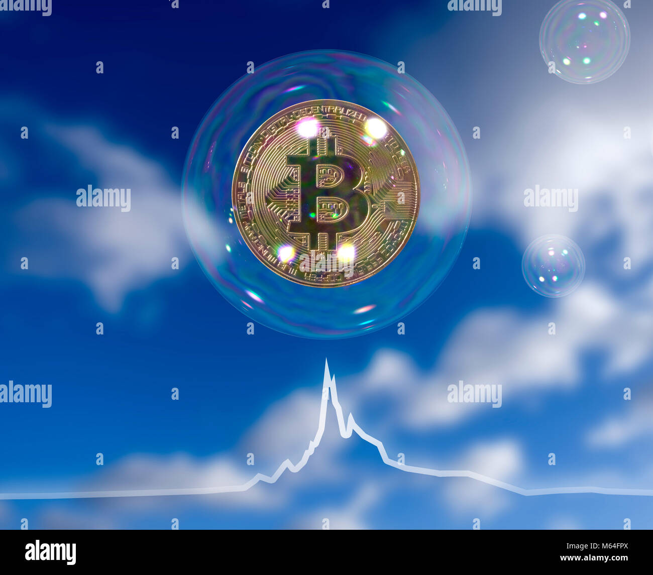 Bitcoin Blase zu platzen von Abschwung Wirtschaft graph, goldene Münze in der Blase, die platzen Konzept und fragilen cryptocurrency ausgesetzt Stockfoto