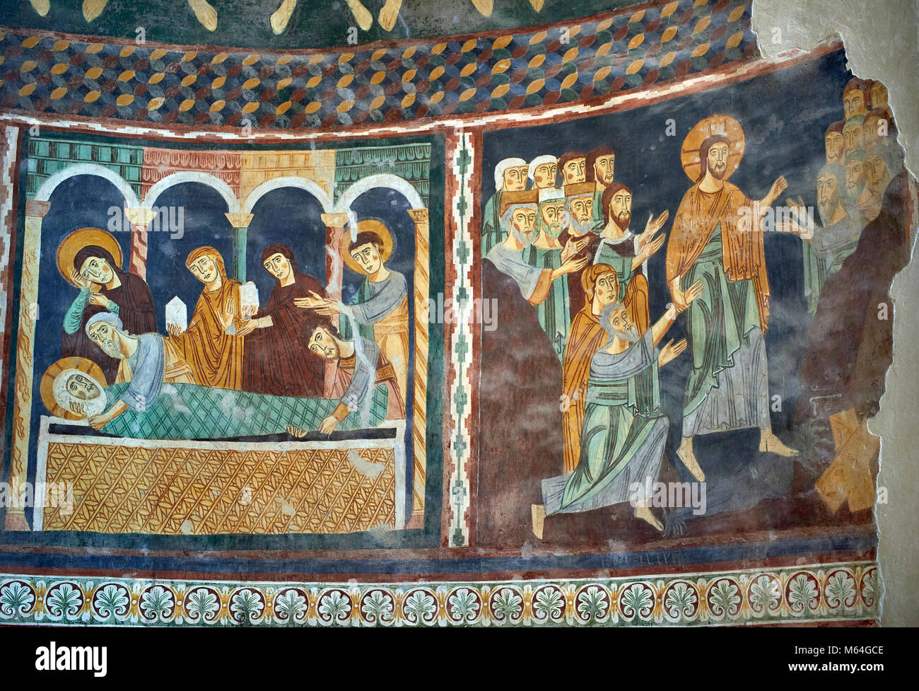Innenraum Byzantinischen romanischen Stil christlichen Fresken von biblischen Szenen, Santissima Trinità di Saccargia, geweiht 1116 AD, Codrongianos, Sardini Stockfoto
