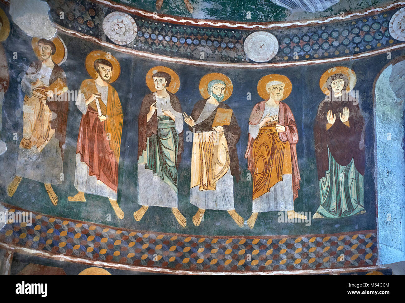 Innenraum Byzantinischen romanischen Stil christlichen Fresken, Santissima Trinità di Saccargia, 1116 AD, Codrongianos, Sardinien geweiht. Stockfoto