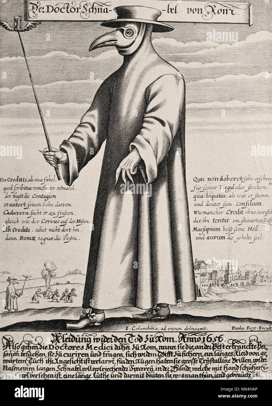 Circa 1656 eine Plage Arzt in Schutzkleidung mit Schnabel Maske Stockfoto