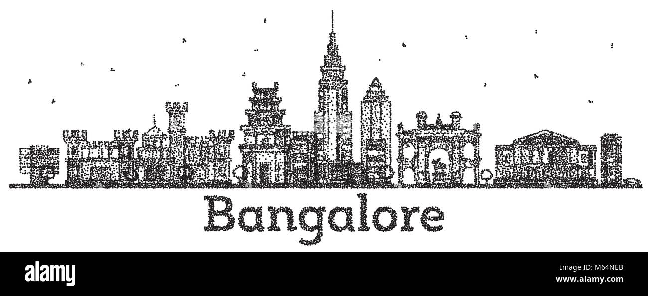 Graviert Bangalore Indien Skyline der Stadt mit schwarzen Gebäude isoliert auf Weiss. Vector Illustration. Bangalore Stadtbild mit Sehenswürdigkeiten. Stock Vektor