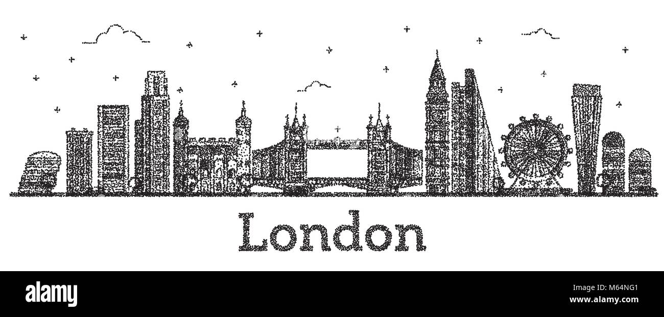 Graviert London England Skyline der Stadt mit modernen Gebäuden isoliert auf Weiss. Vector Illustration. Londoner Stadtbild mit Sehenswürdigkeiten. Stock Vektor
