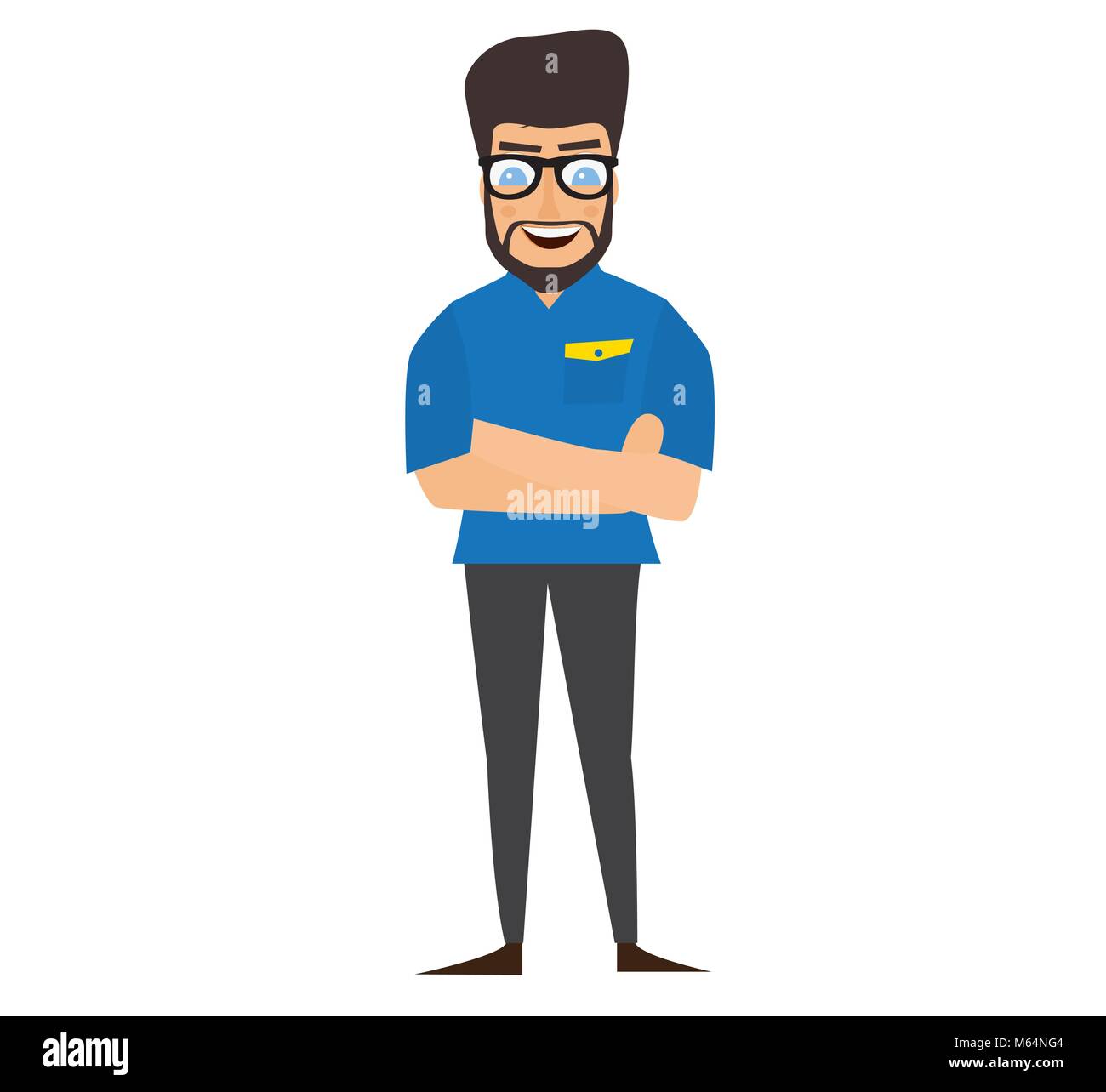 Beiläufig stattlichen stehende Mann isoliert auf weißem Hintergrund. Vector Illustration. Selbstbewussten jungen hübschen Mann im blauen Hemd halten Arme gekreuzt Stock Vektor