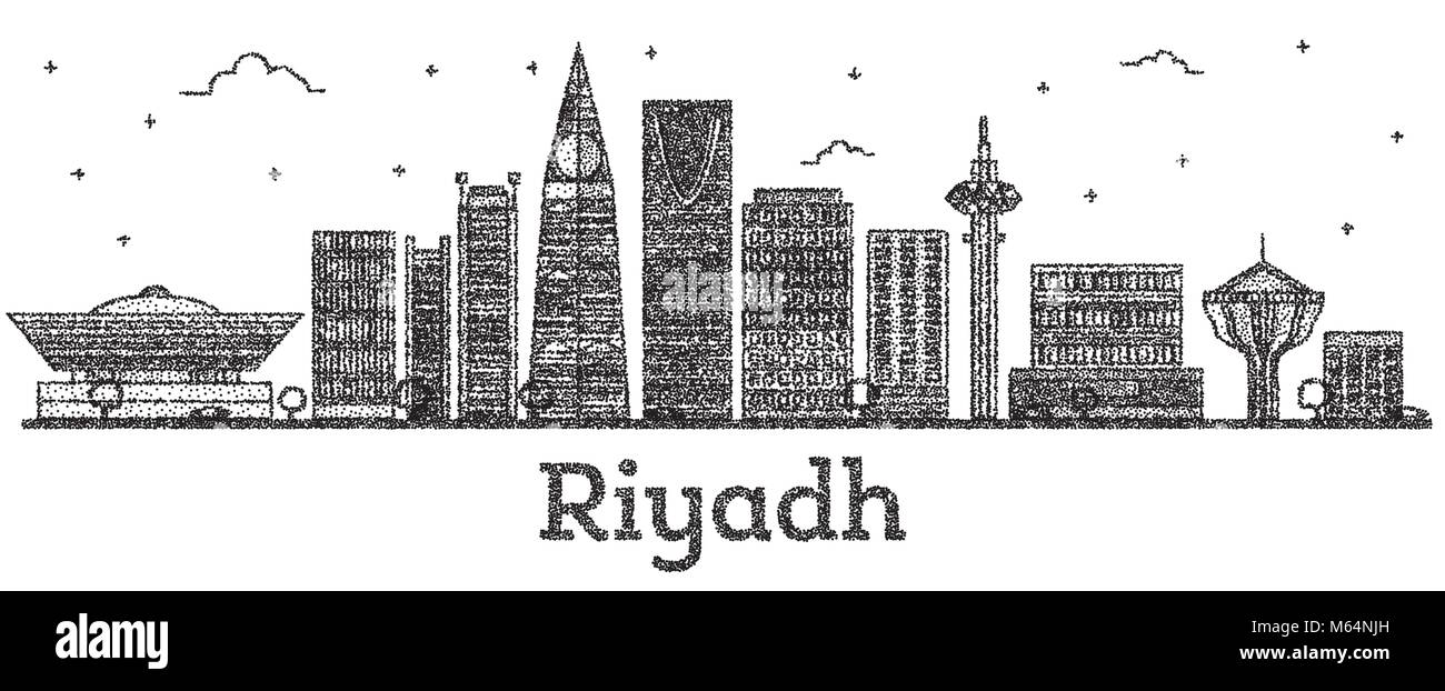 Graviert Riyadh Saudi Arabien Skyline der Stadt mit modernen Gebäuden isoliert auf Weiss. Vector Illustration. Riad Stadtbild mit Sehenswürdigkeiten. Stock Vektor