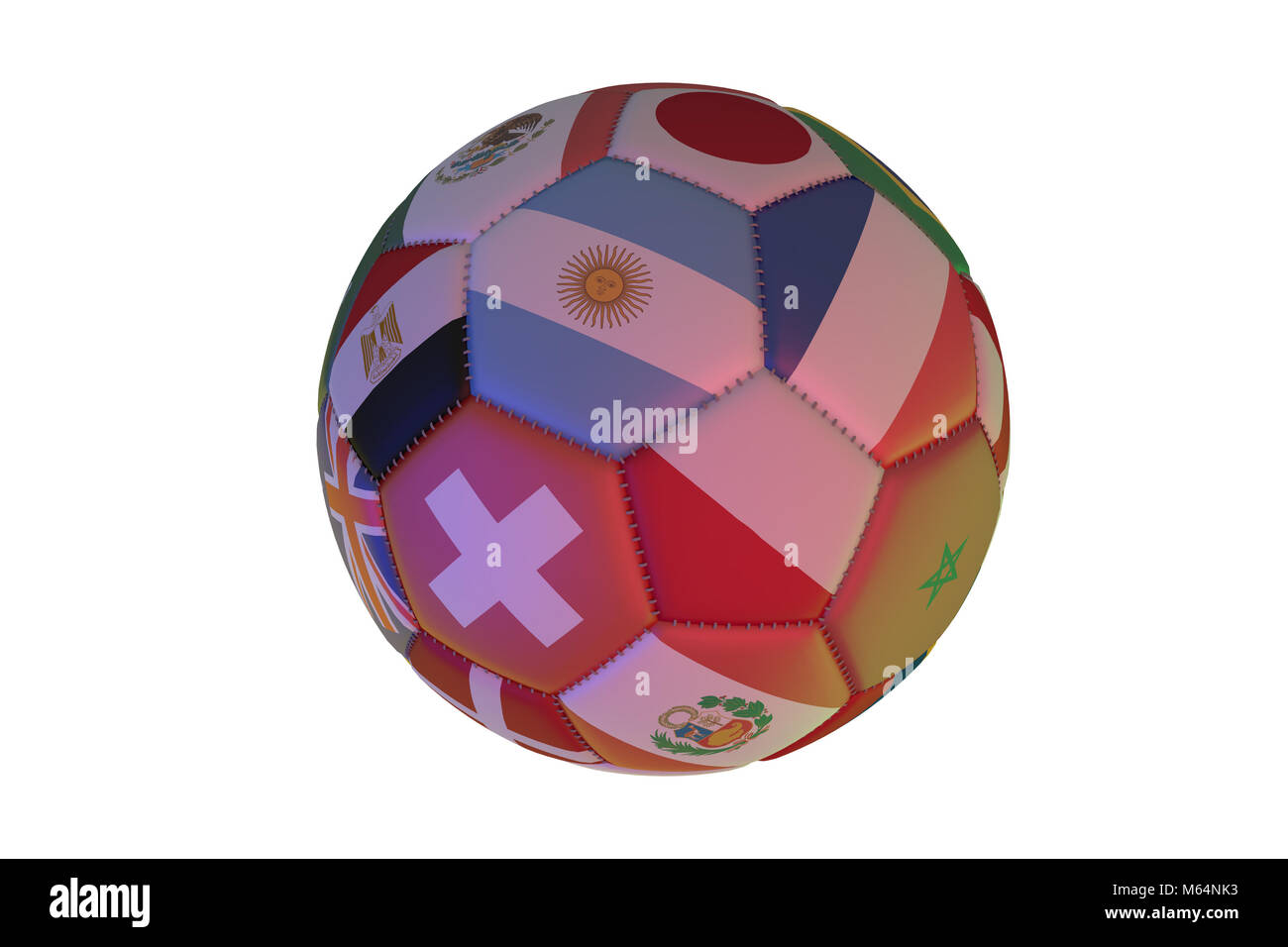 Isolierte realistische Fußball mit Flaggen von Ländern, im Zentrum von Argentinien, Frankreich, Polen und der Schweiz, 3D-Rendering Stockfoto