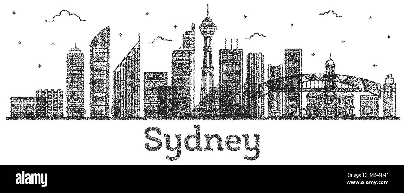 Graviert Sydney Australien Skyline der Stadt mit modernen Gebäuden isoliert auf Weiss. Vector Illustration. Sydney Stadtbild mit Sehenswürdigkeiten. Stock Vektor