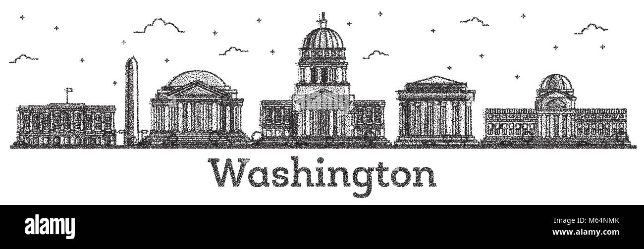 Graviert Washington DC USA Skyline der Stadt mit modernen Gebäuden isoliert auf Weiss. Vector Illustration. Washington DC Stadtbild mit Sehenswürdigkeiten. Stock Vektor
