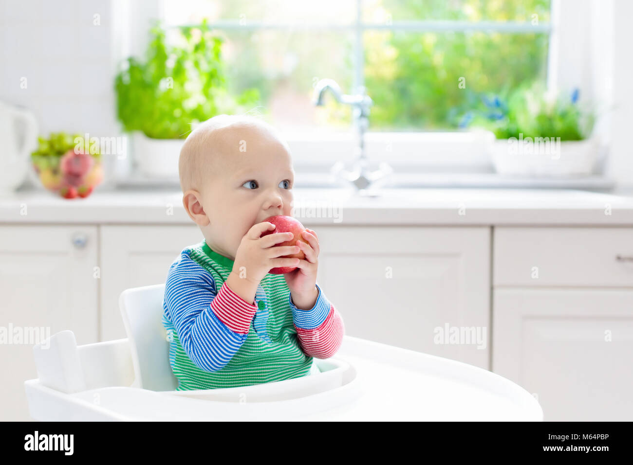 Baby Essen Obst. Kleiner Junge beißen Apfel sitzen in weißen Hochstuhl in sonnige Küche mit Fenster und Waschbecken. Gesunde Ernährung für Kinder. Feste Nahrung f Stockfoto