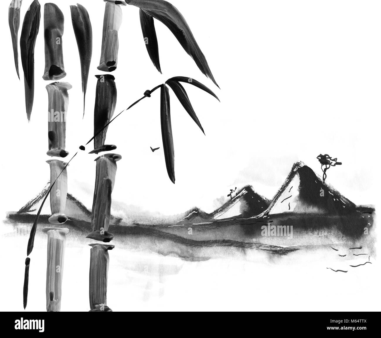 Bambus im japanischen Stil. Aquarell Malerei Illustration Hand Stockfoto