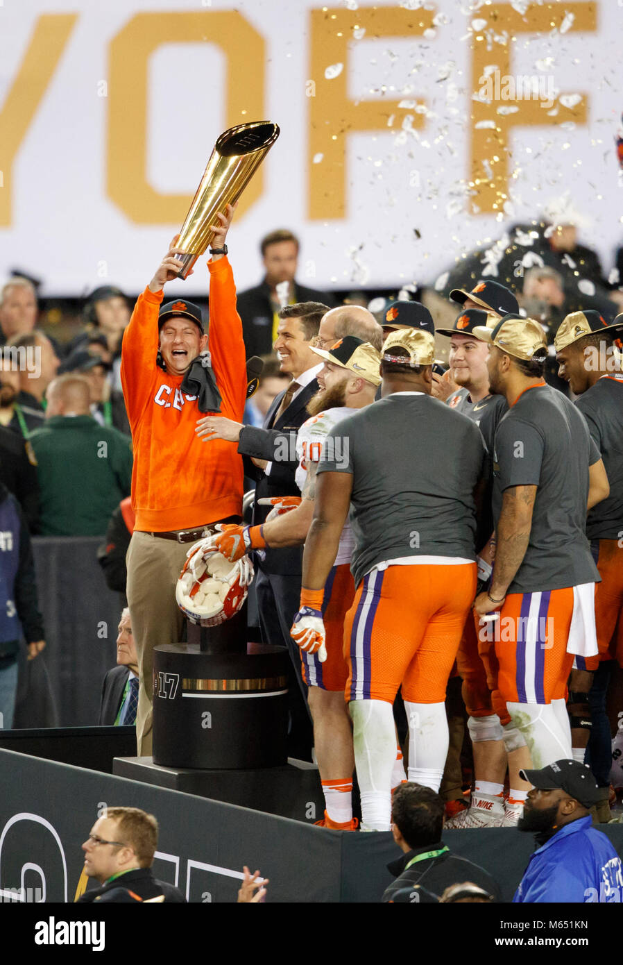 Januar 9, 2017: Clemson Haupttrainer Dabo Swinney feiert während 2017 College Football Endspiel nationalen Meisterschaftspiel gegen Alabama. Stockfoto