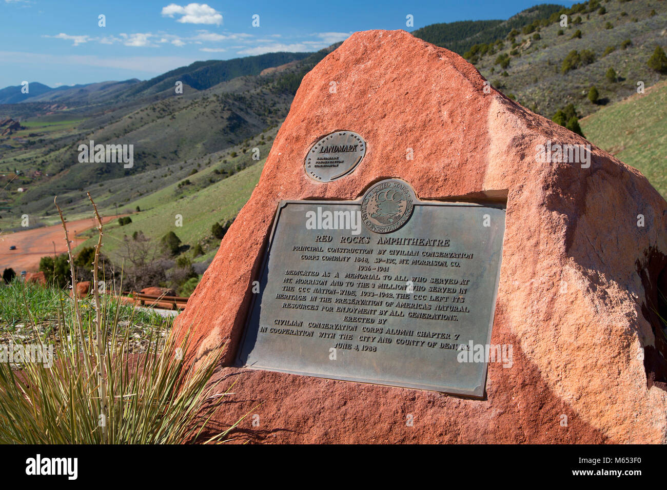 Civilian Conservation Corps (CCC) Plaque, Red Rocks Park, Jefferson County, Colorado Stockfoto
