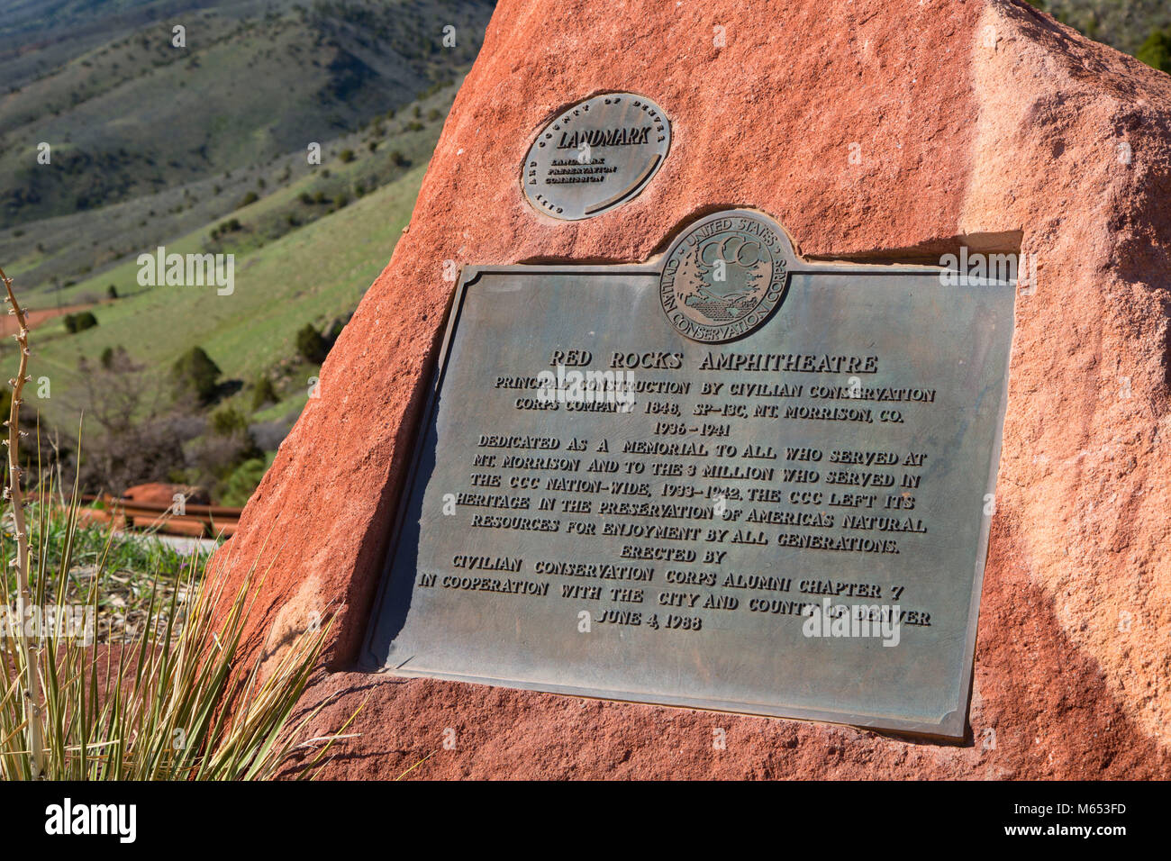 Civilian Conservation Corps (CCC) Plaque, Red Rocks Park, Jefferson County, Colorado Stockfoto