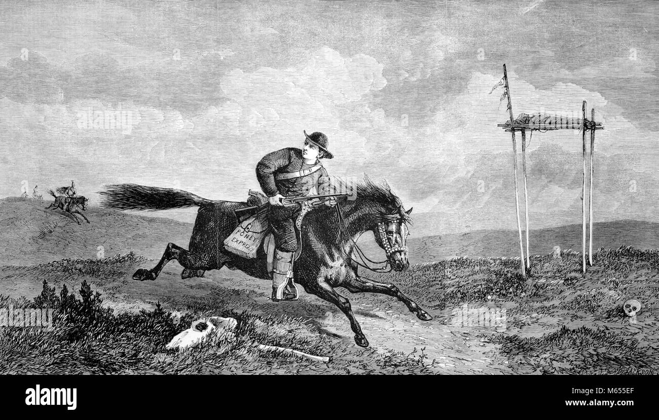 1860s der Gravur des PONY EXPRESS REITER AUF DEM WEG VON MISSOURI RIVER IN SAN FRANCISCO REITEN DURCH INDIAN BURIAL GROUND - a518 LAN001 HARS SATTEL POST VEREINIGTE STAATEN VON AMERIKA GEFAHR PONY WESTERN TIERE GRAVUR TRANSPORT NOSTALGIE LIEFERN ZIELE HISTORISCHE REITER ZWEI TIERE SÄUGETIERE ABENTEUER MUT AUFREGUNG MISSOURI INNOVATION EINE PERSON MIT ANDEREN EXPRESS WESTERN WEAR 19. JAHRHUNDERT 1860 LONE MESSENGER ROUTE NATIVE AMERICAN WESTERN WESTWARD KOMMUNIKATION SAN FRANCISCO DE EINZELGÄNGER SÄUGETIER MONTIERT B&W SCHWARZ UND WEISS BEERDIGUNG KAUKASISCHEN ETHNIE KURIER EXPRESS REITER GALOPPIEREN HORIZONTAL Stockfoto