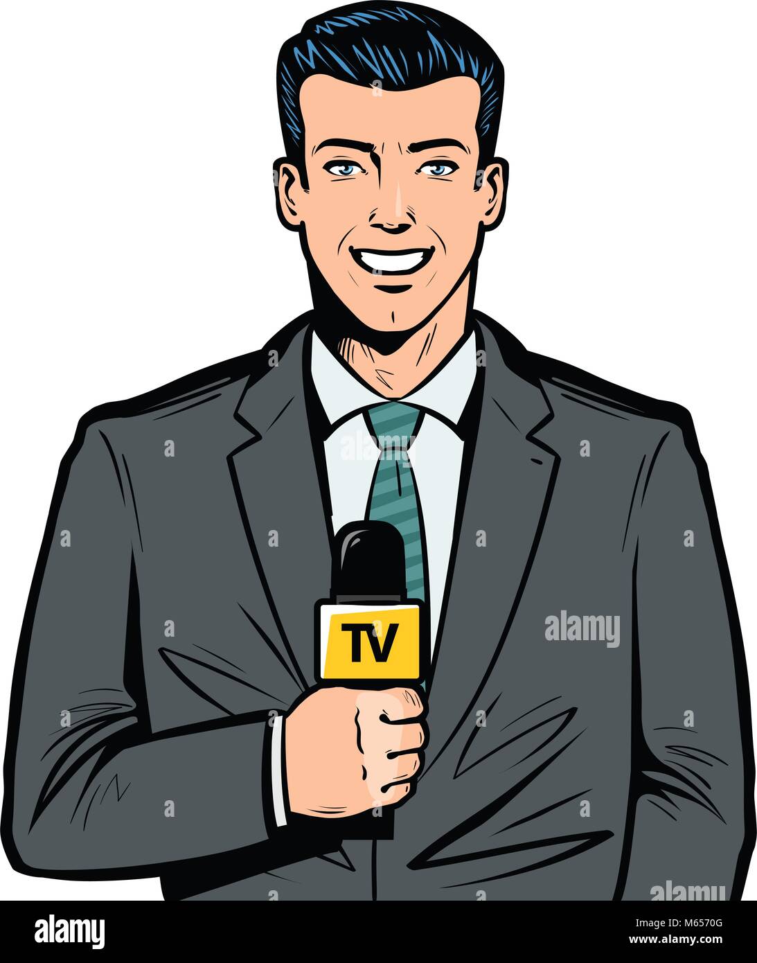 TV-Moderator mit Mikrophon in der Hand. Das Brechen von von Nachrichten, von von broadcast Konzept. Pop Art retro Vektor illustration Stock Vektor
