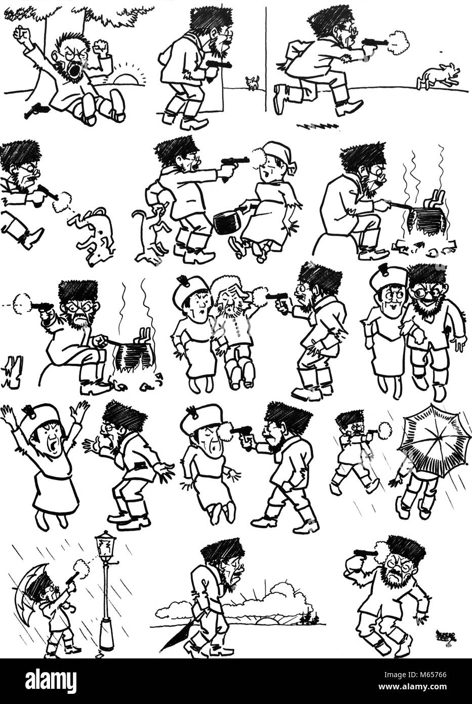 1900 s 1917 Cartoon illustriert EIN TAG IM LEBEN EINES BOLSCHEWISTISCHEN VON ALFRED LEETE-h9564 CPC 001 HARS SCHWARZ UND WEISS BOLSCHEWISTISCHEN KARIKATURIST TAG IM LEBEN ILLUSTRIEREN LEETE ALTMODISCH Stockfoto