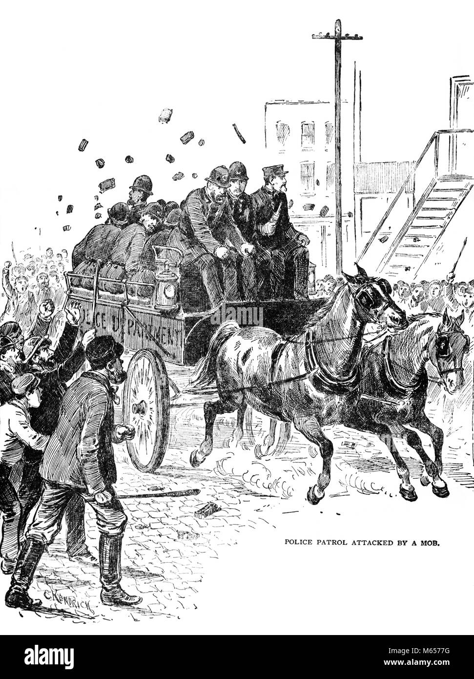 1800s 1870s POLIZEISTREIFE PFERDEWAGEN ANGEGRIFFEN von wütenden Mob schütteln Fäuste werfen Steine - h 9840 HAR 001 HARS BEHÖRDE DEMONSTRATION FÄUSTE POLITIK PATROL 1870 Flucht wagen Polizisten säugetier Mitte - Mitte - erwachsenen Mann MOB POLIZEI RIOT ANGEGRIFFEN B&W SCHWARZ UND WEISS BÜRGERSCHAFT BÜRGER BERUFE ALTMODISCHEN POLIZEIBEAMTEN UNRUHEN Stockfoto