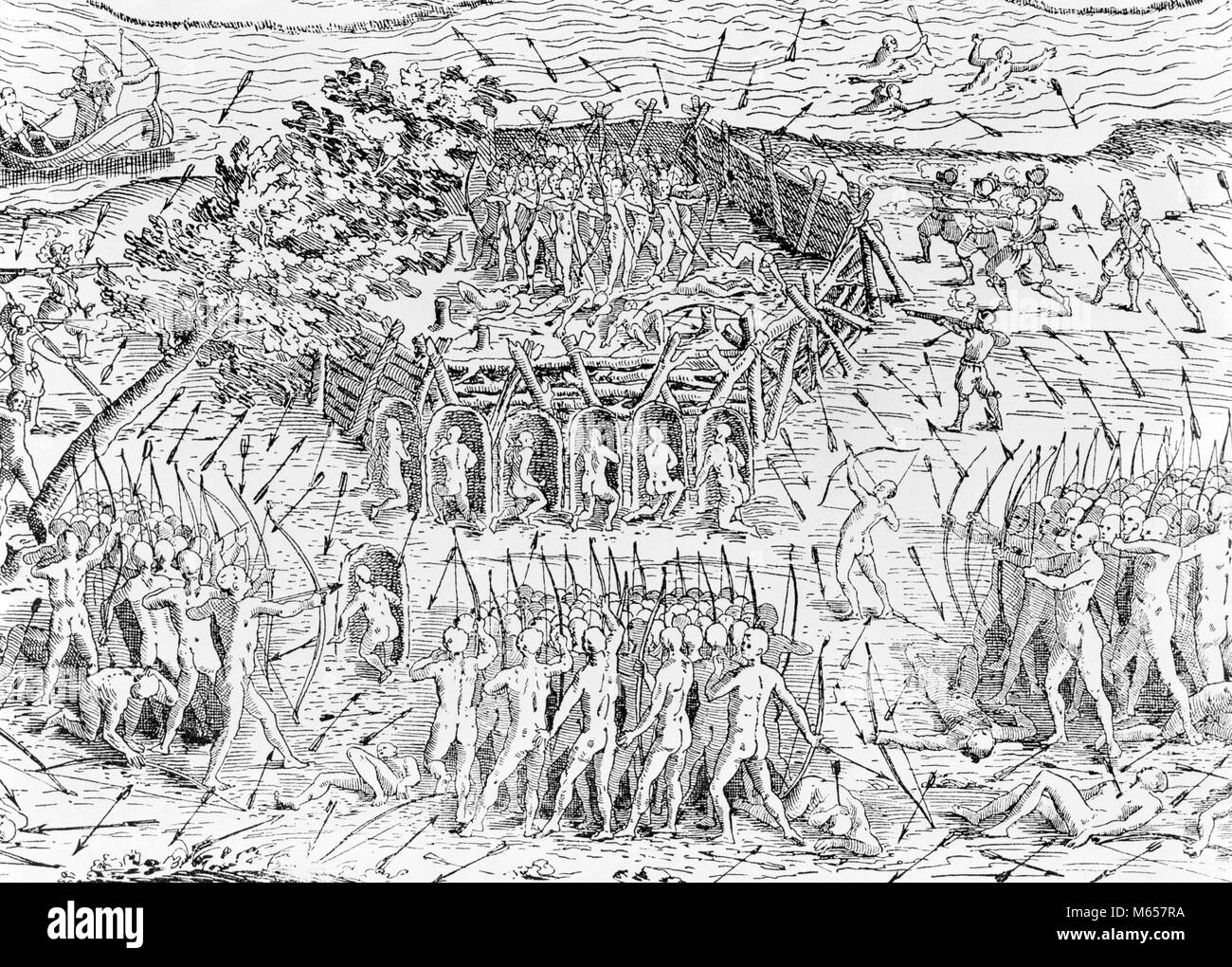 Gravur 1600s 1609 französische Truppen unter CHAMPLAIN UNTERSTÜTZUNG DER INDISCHEN VERBÜNDETEN IN ANGRIFF AUF DIE IROKESEN FORT - ich 5994 LAN001 HARS 1609 VERBÜNDETEN ARQUEBUS B&W schwarze und weiße Bögen PFEILE KAUKASISCHEN ETHNIE CHAMPLAIN IROQUOIS IROQUOIS KRIEG ALTMODISCHE Samuel de Champlain Stockfoto
