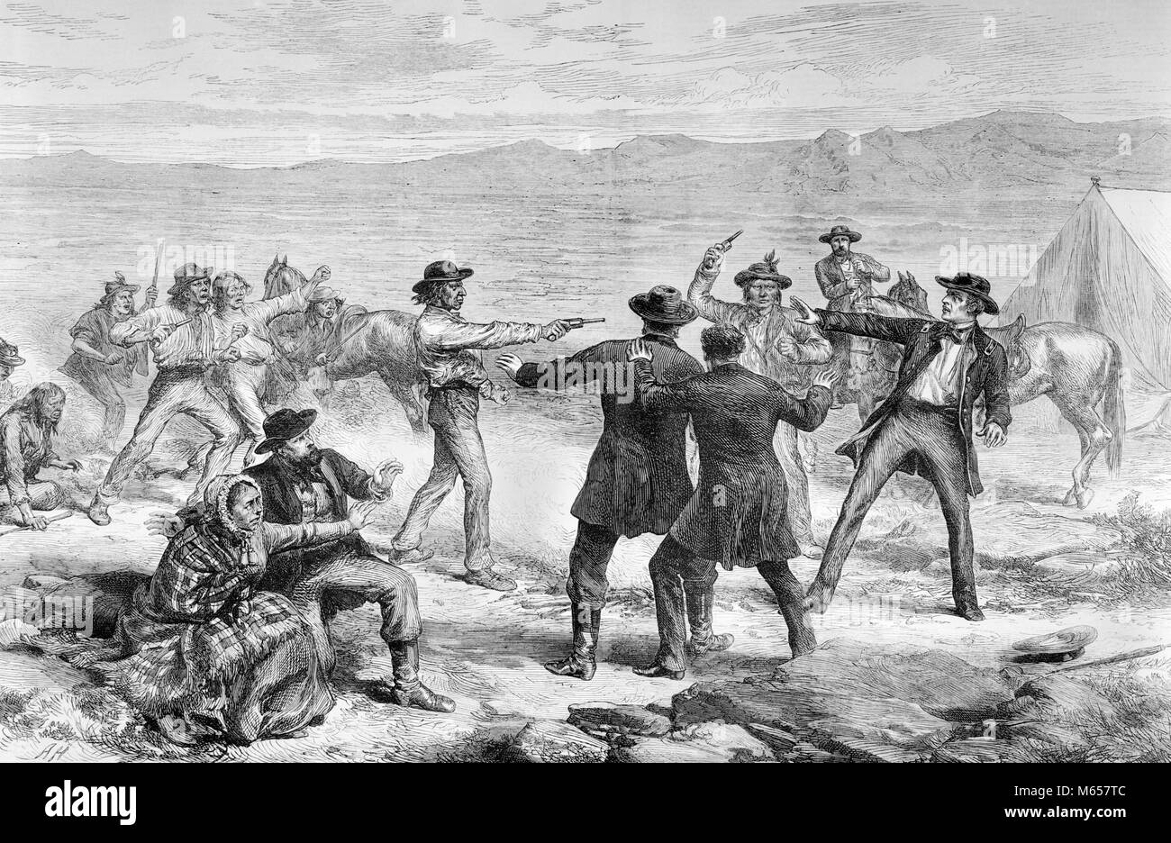 1800 s 1873 GRAVUR DER MORD AN GENERAL CANBY DURCH DIE MODOC INDIANER WÄHREND IHRER REBELLION TULE LAKE Kalifornien USA-i7502 LAN001 HARS 55-60 JAHRE HISTORISCHE NORTH AMERICAN CA UNIFORMEN EINE PERSON MIT ANDEREN NATIVE AMERICAN REBELLION US Armee angreift Mitte - Mitte - erwachsenen Mann Mord junger erwachsener Mann 1873 B&W SCHWARZ UND WEISS CANBY CAPTAIN JACK KAUKASISCHEN ETHNIE KOMMISSION KOMMISSAR WÄHREND EDWARD RICHARD SPRIGG CANBY ELEASAR, THOMAS INDIGENEN TÖTUNG MODOC ALTMODISCHE REVEREND TULE LAKE Stockfoto