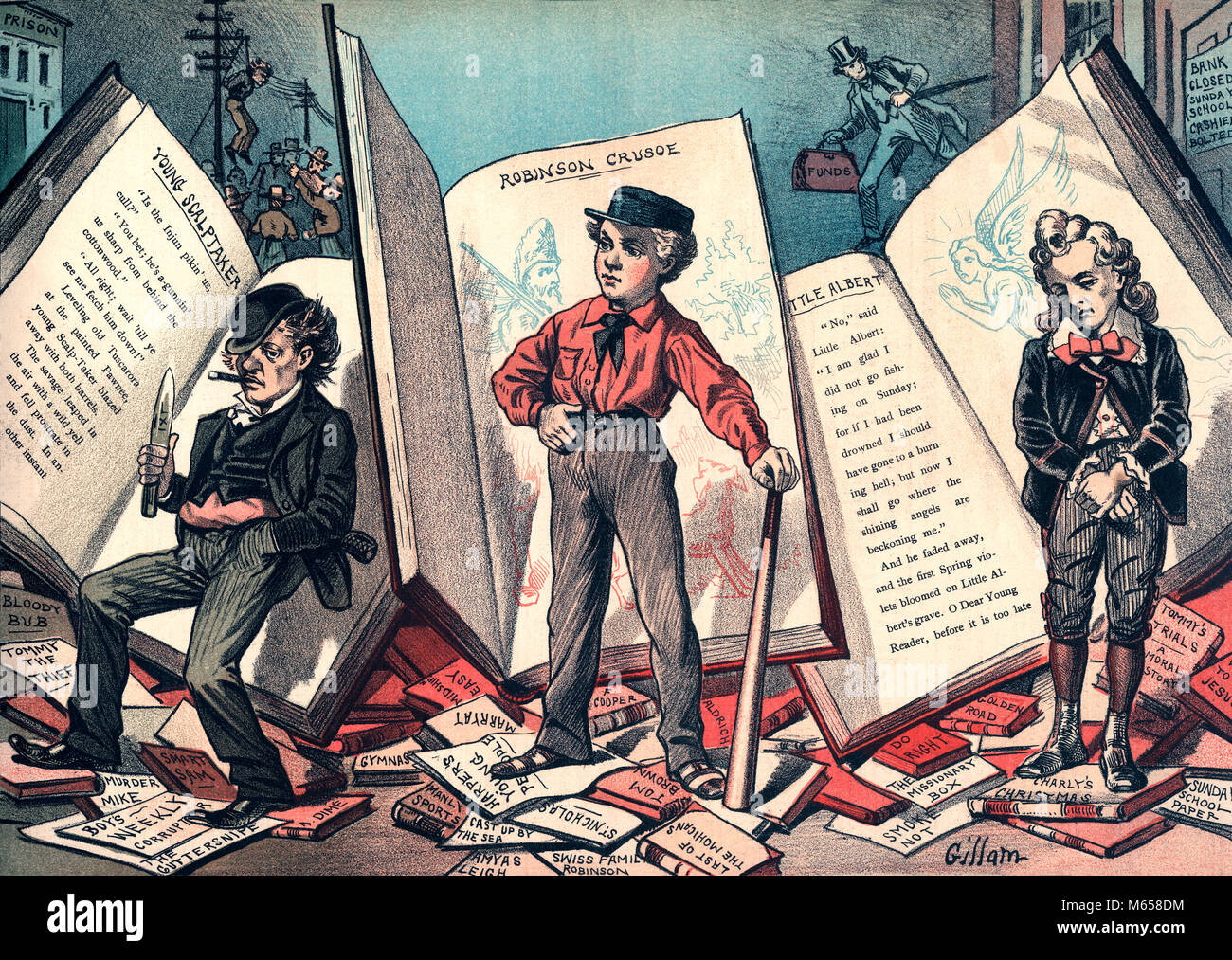 1800s 1880s 1182 CARTOON VON PUCK ABBILDUNG: EXTREME DER LITERATUR FÜR JUGENDLICHE DIME NOVELS ABENTEUER GESCHICHTEN-ka9185 CPC 001 HARS ALTMODISCH Stockfoto
