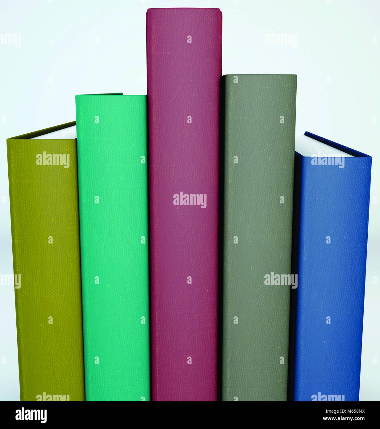 Wirbelsäule Schwanz, Fuß der Bücher. Wirbelsäule Abdeckung von fünf gesichert Bücher in der Reihenfolge der Höhe angeordnet. Buch deckt auf einem Regal angeordnet. 3D-Rendering Stockfoto