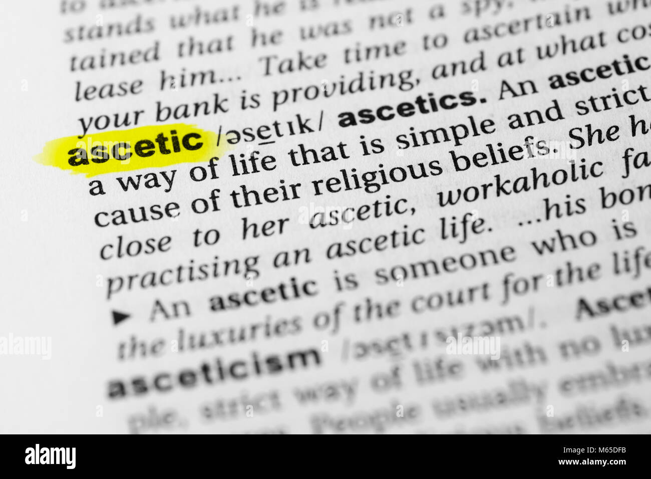 Markierten englische Wort 'asketische' und seine Definition im Wörterbuch. Stockfoto