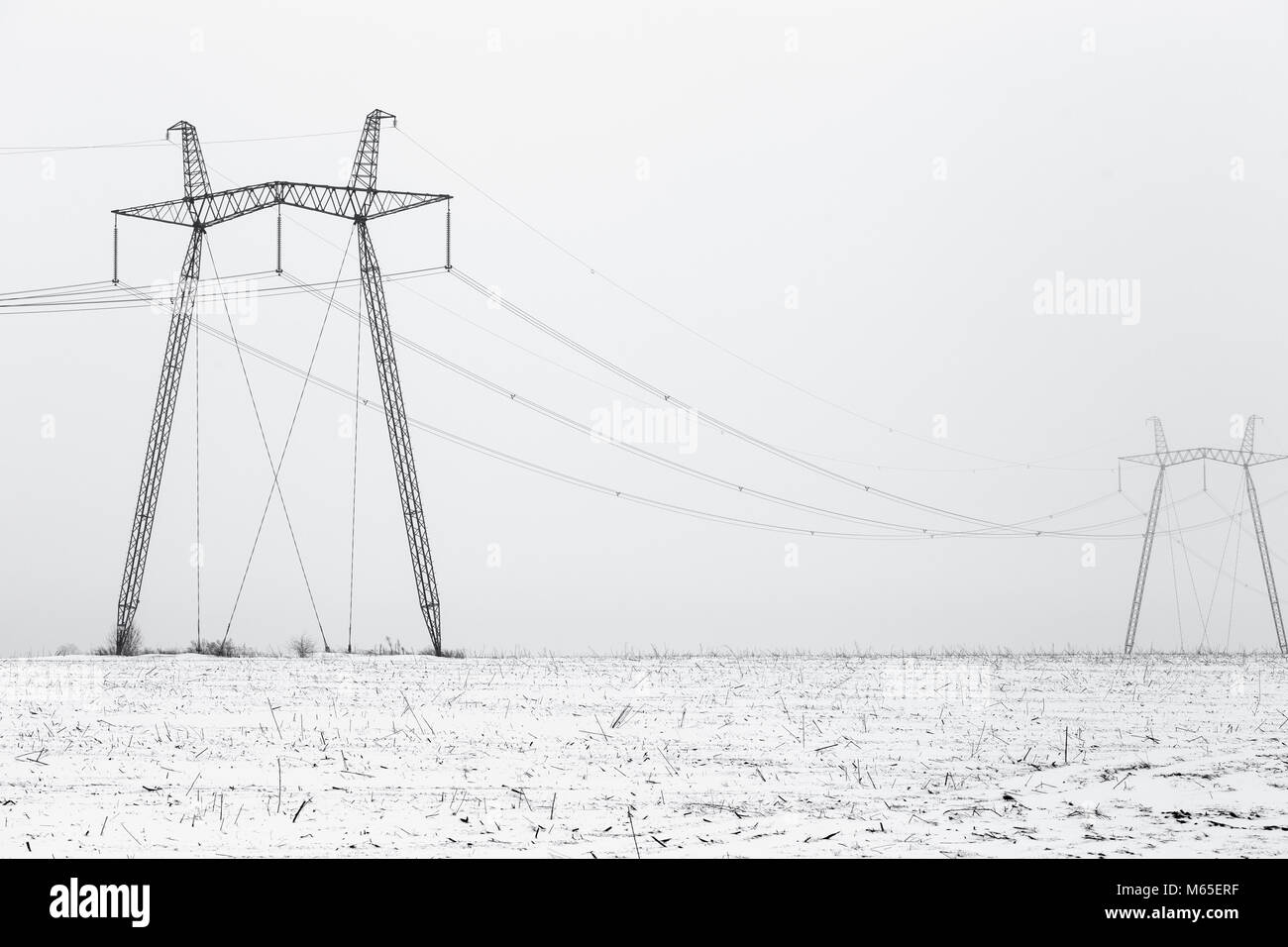 Hi-Spannung elektrische Stromleitungen in einem winterlichen Nebel Landschaft, ein schwarz-weiß Foto. Stockfoto