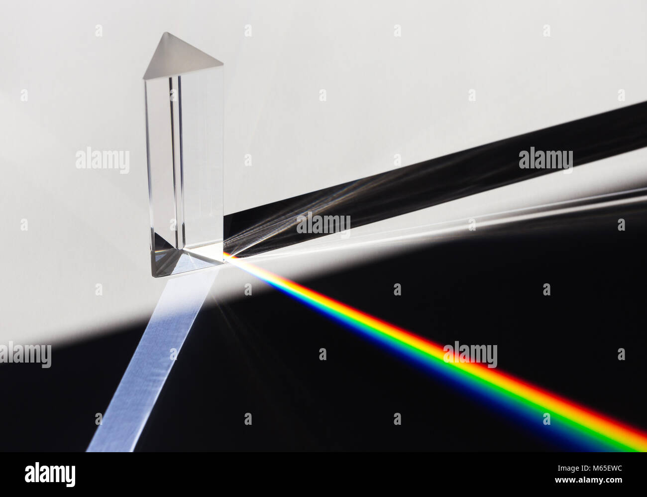 Ein Prisma dispergieren Sonnenlicht aufteilen in ein Spektrum auf einem weißen Hintergrund. Stockfoto