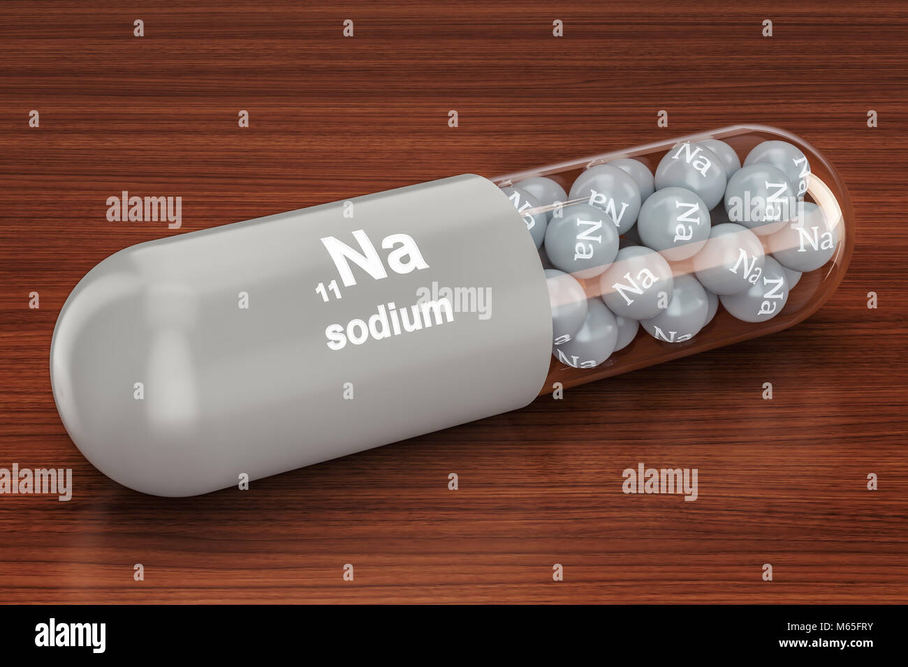 Kapsel mit Natrium Na Element auf dem Holztisch. 3D-Rendering Stockfoto