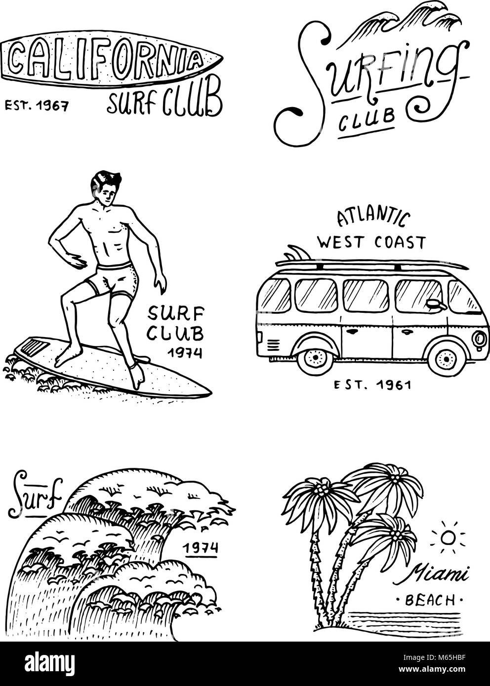 Surf Abzeichen und Wave, Palmen und das Meer. Tropen und Kalifornien. Mann auf dem Surfbrett, Sommer auf den Strand und das Meer. graviert Emblem Hand gezeichnet. Banner oder Poster. Sport in Hawaii. Stock Vektor