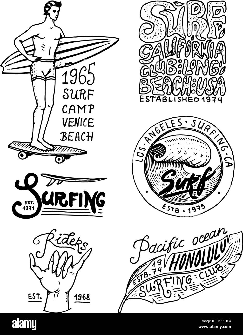 Surf Abzeichen und Wave, Palmen und das Meer. Tropen und Kalifornien. Mann auf dem Surfbrett, Sommer auf den Strand und das Meer. graviert Emblem Hand gezeichnet. Banner oder Poster. Sport in Hawaii. Stock Vektor