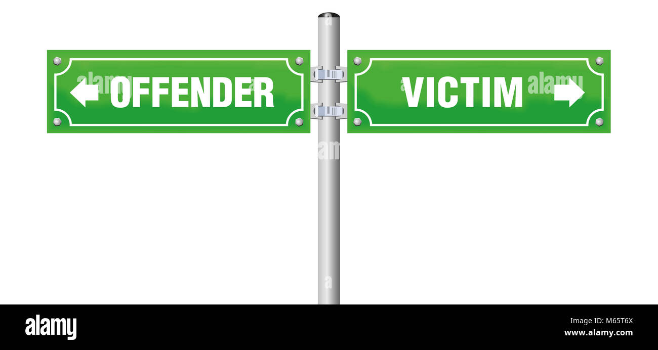 Täter Opfer street sign. Symbol für Scheidung, Trennung, für Abschied oder Verabschiedung - Abbildung auf weißem Hintergrund. Stockfoto