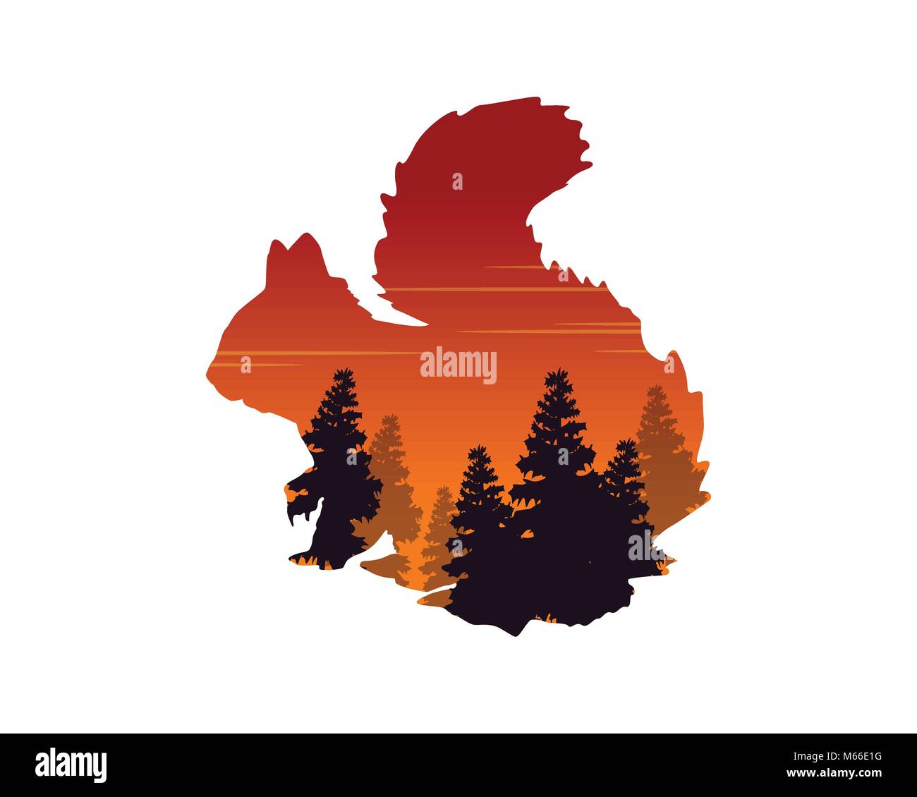 Silhouette einer Eichhörnchen mit innerhalb der Fir-Landschaft Stock Vektor