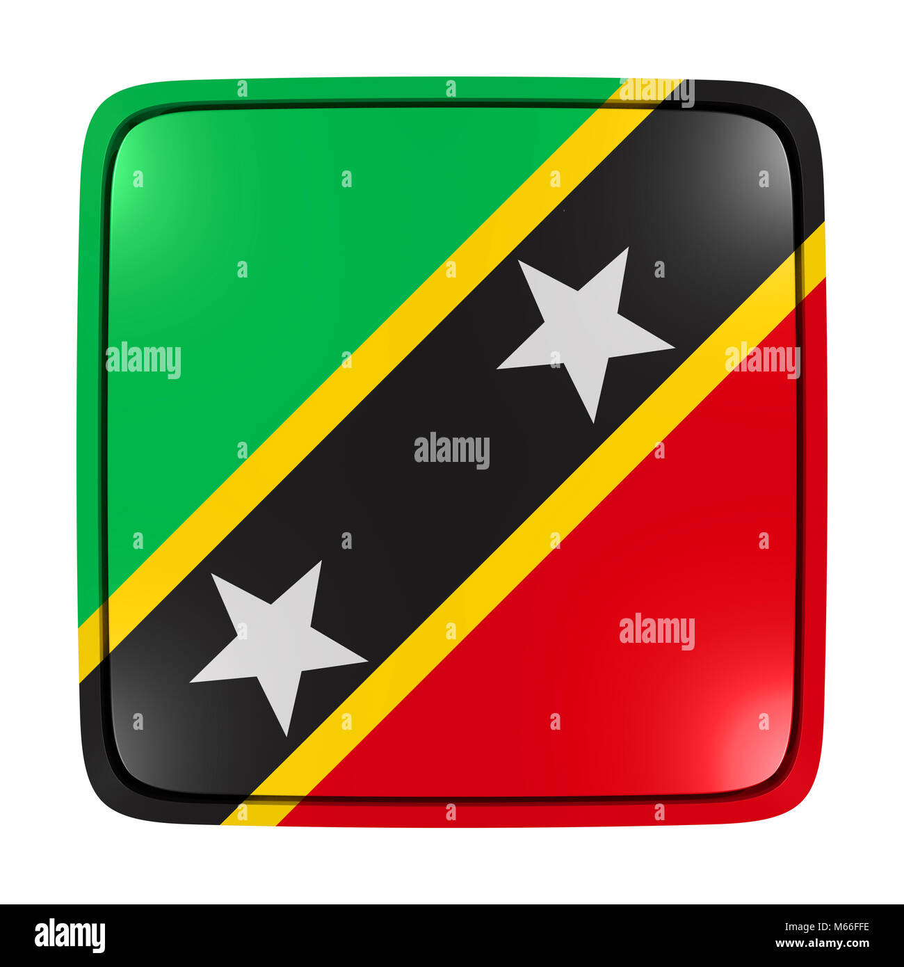 3D-Rendering für eine Saint Christopher und Nevis Flagge Symbol. Auf weissem Hintergrund. Stockfoto
