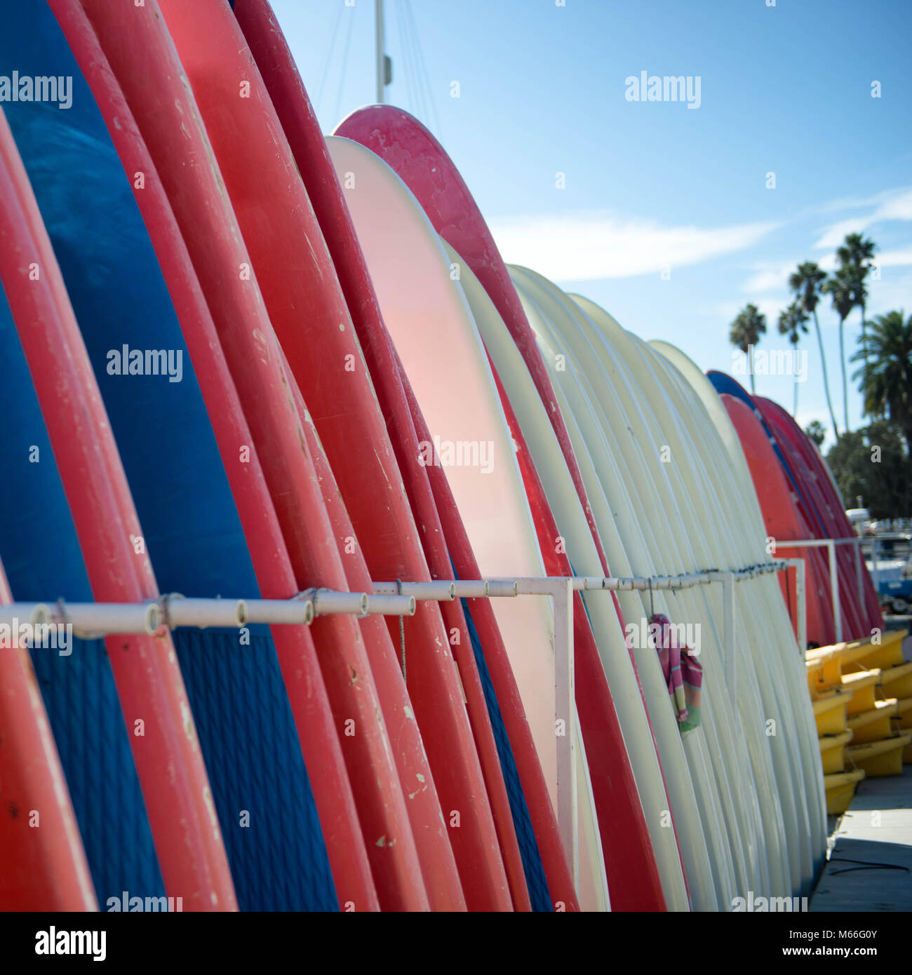 Surfbretter und Paddleboards Reihen sich am Strand, Kalifornien, USA Stockfoto