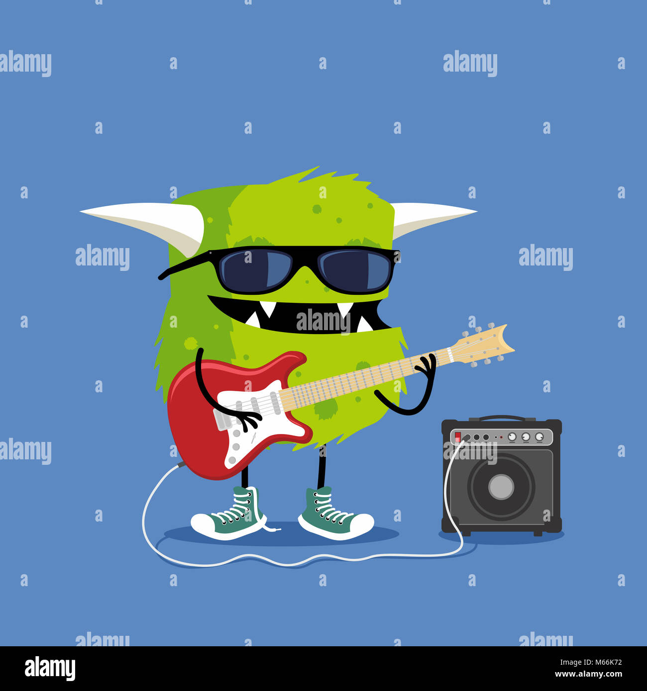 Monster spielen red E-Gitarre Verstärker angeschlossen. Nett und lustig Cartoon Illustration Stockfoto