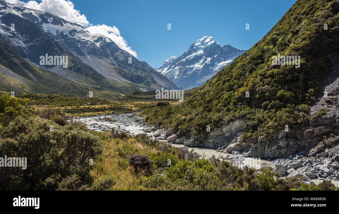 Blick von Hooker Valley Track, Mount Cook, Südinsel, Neuseeland Stockfoto