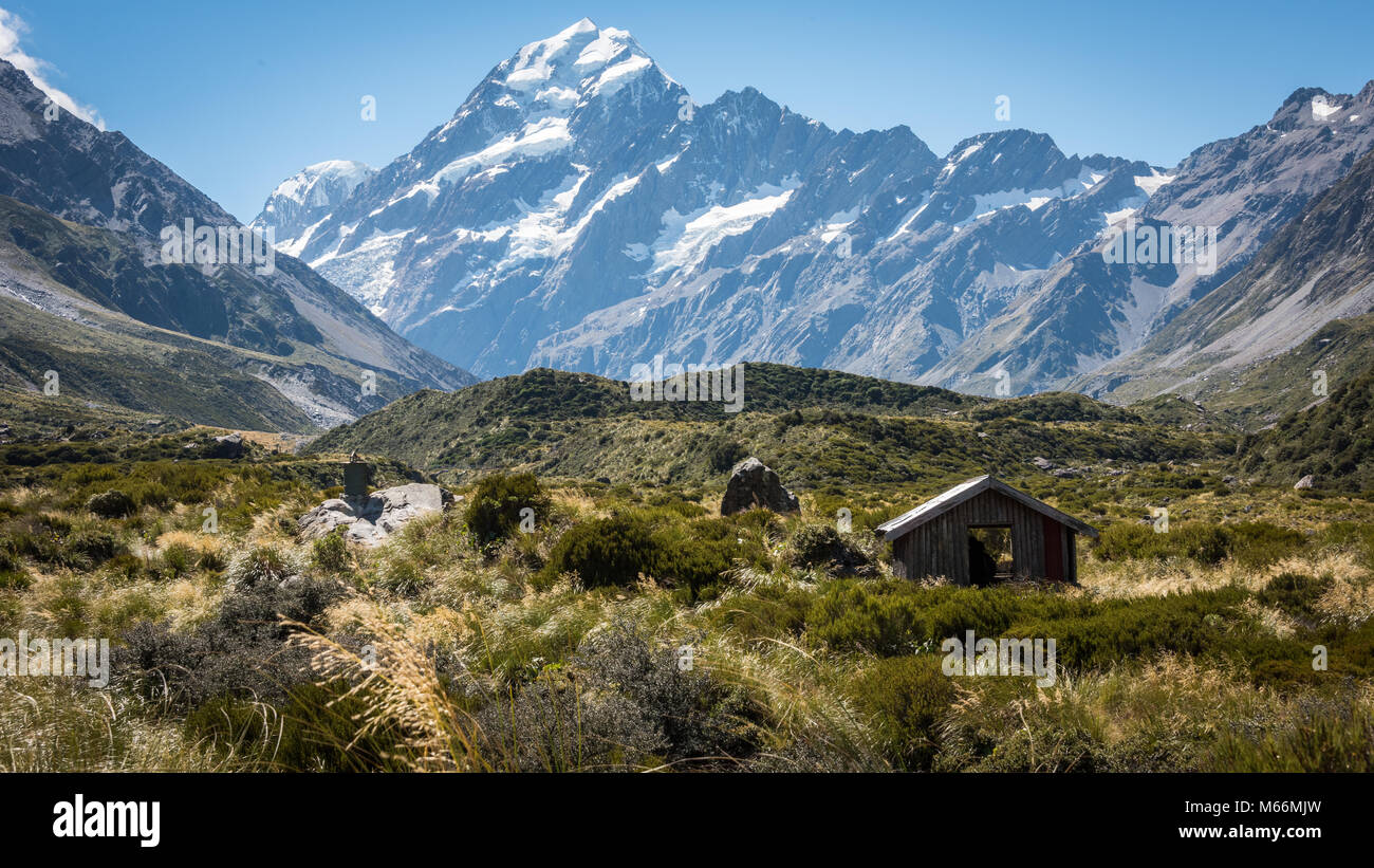 Blick von Hooker Valley Track und Schutzhütte, Mount Cook, Südinsel, Neuseeland Stockfoto