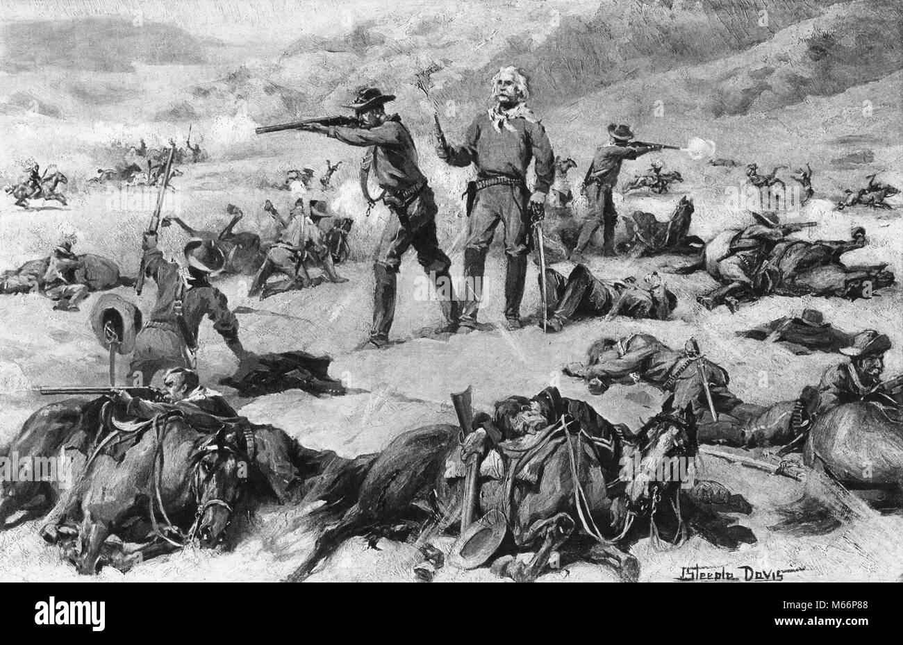 Juni 1876 General George Custer die Schlacht am Little Bighorn Massaker von Lakota und Cheyenne INDIANER Custer's Last Stand-q 60378 CPC 001 HARS TRAURIGKEIT NORDAMERIKA HISTORISCHE NORTH AMERICAN WARS DISASTER SÄUGETIERE ABENTEUER MUT UND BEGEISTERUNG FEUERN SOLDATEN UNIFORMEN EINE PERSON MIT ANDEREN MASSAKER NATIVE AMERICAN KLEINE GRUPPE VON TIEREN PISTOLE NIEDERLAGE FEUERWAFFE MÄNNER SÄUGETIER gebürtige Amerikaner 1876 ARAPAHO B&W BIGHORN SCHWARZ UND WEISS KAUKASISCHEN ETHNIE KAVALLERIE CHEYENNE CUSTER CUSTER'S George Armstrong Custer GROSSE SIOUX KRIEG indischen Kriegen INDIGENEN JUNI 7. JUNI GETÖTET LAKOTA LETZTE MASSAKRIERT Stockfoto