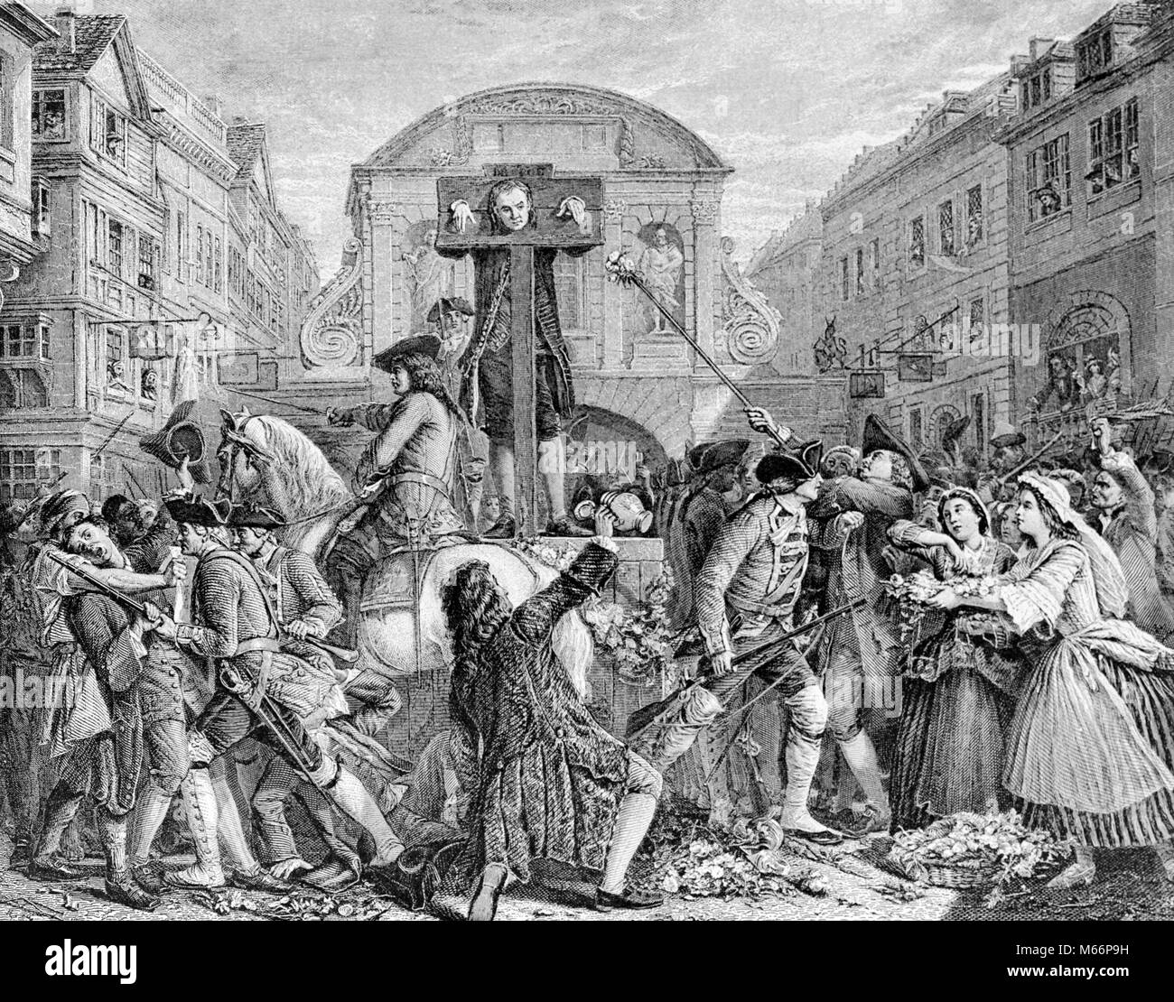 1703 Daniel Defoe Autor von ROBINSON CRUSOE politische Satire leiden Bestrafung in der PRANGER von wütenden Menschenmenge LONDON ENGLAND - q 63393 CPC 001 HARS HISTORISCHEN EIN TIER WEITWINKEL POLITISCHEN LEIDEN PERSÖNLICHKEIT STRAFE AUFREGUNG BERÜHMTEN ERHOLUNG DEFOE BEHÖRDE POLITIK HAUPTSTADT ZU EINER PERSON MIT ANDEREN AUTOR DANIEL PRANGER MÄNNER SATIRE 1702 18. B&W SCHWARZE UND WEISSE HAUPTSTADT KAUKASISCHEN ETHNIE DANIEL DEFOE ABWEICHLER EYRE berühmte Person verleumdung BERUFE ALTMODISCHE PERSÖNLICHKEITEN Aufruhr der kürzeste Weg mit ANDERSDENKENDEN Stockfoto