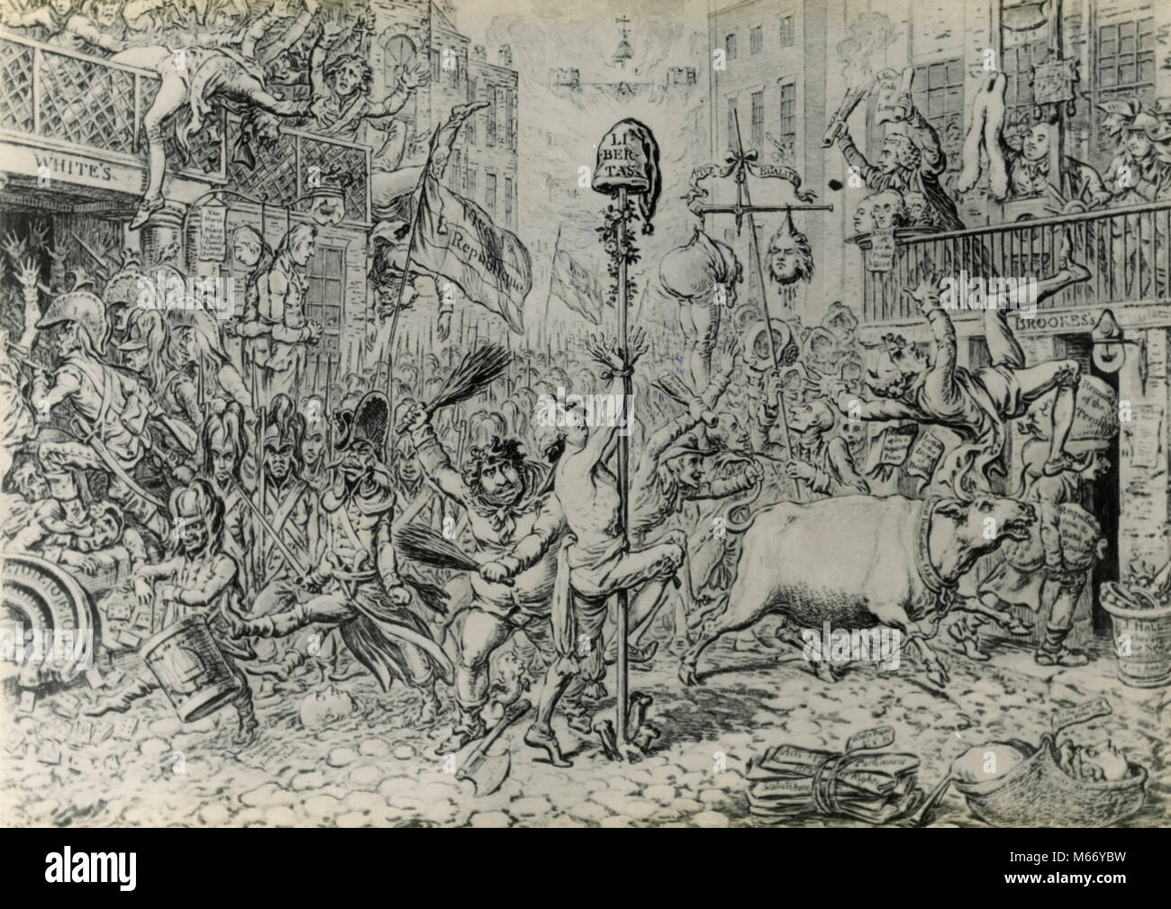 Cartoon der Schrecken, die der französischen Invasion nach England mit Fox in den Vordergrund bringen würde, UK 1790s Stockfoto