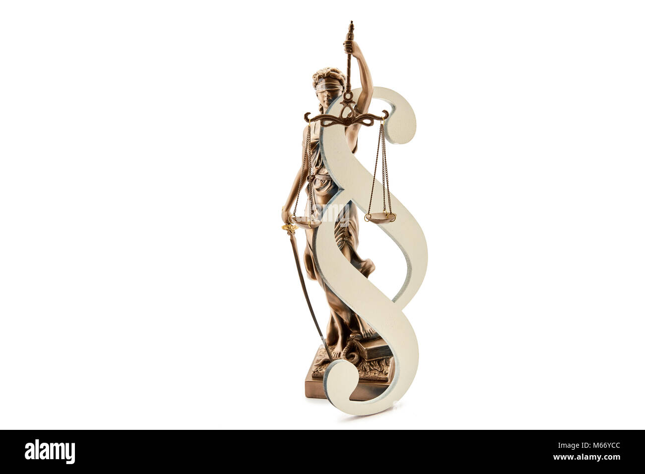 Recht und Gerechtigkeit Konzept mit Justitia Statue und Absatz Symbol Stockfoto