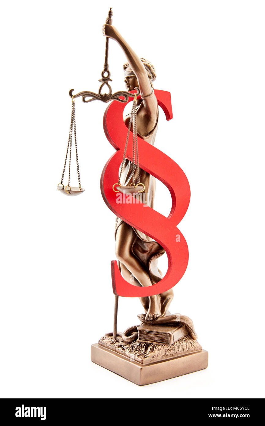 Recht und Gesetz Konzept mit Absatz Symbol und Justitia Statue Stockfoto